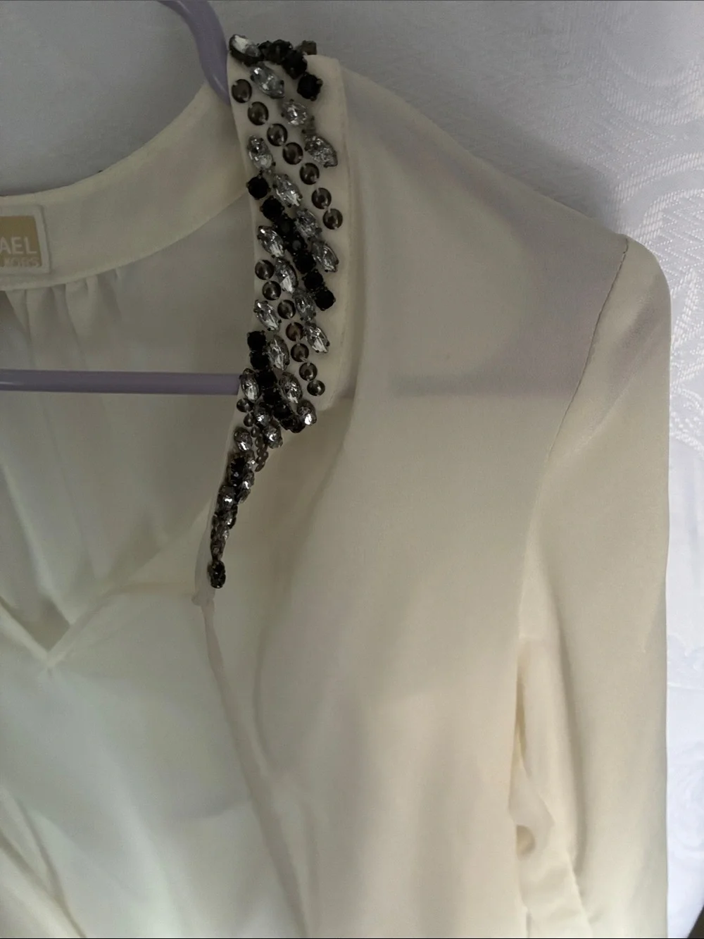 Michael Kors Cream Beaded-Collar Long Sleeve Blouse